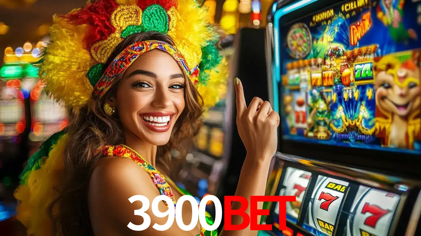 Mulher animada com um cocar de carnaval apontando para uma máquina de caça-níqueis, mostrando a emoção de ganhar um grande prêmio nos jogos do 3900BET.
