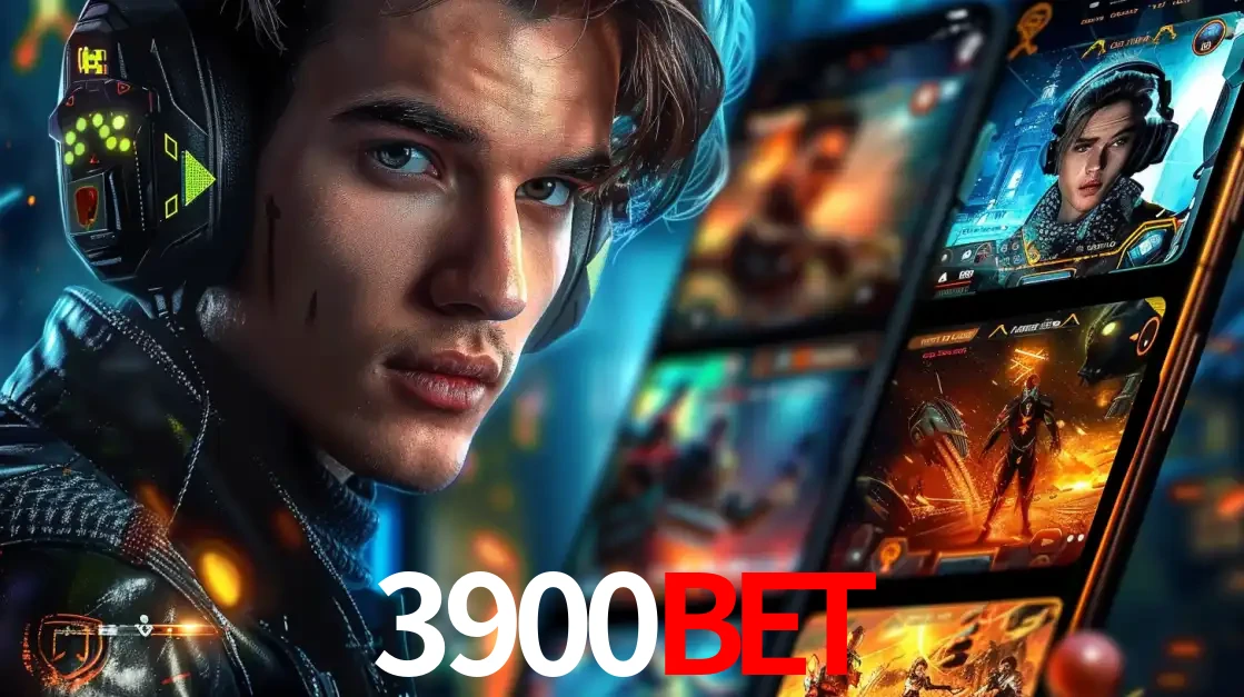 Jovem jogador com fones de ouvido olhando para a câmera, com um aplicativo de jogos e e-sports para celular ao fundo, pronto para a competição e apostas no 3900BET.