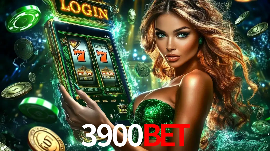 Mulher com tema verde apresentando o aplicativo do cassino 3900BET com um jogo de slot de 777, cercada por fichas de cassino e uma aura de sorte.