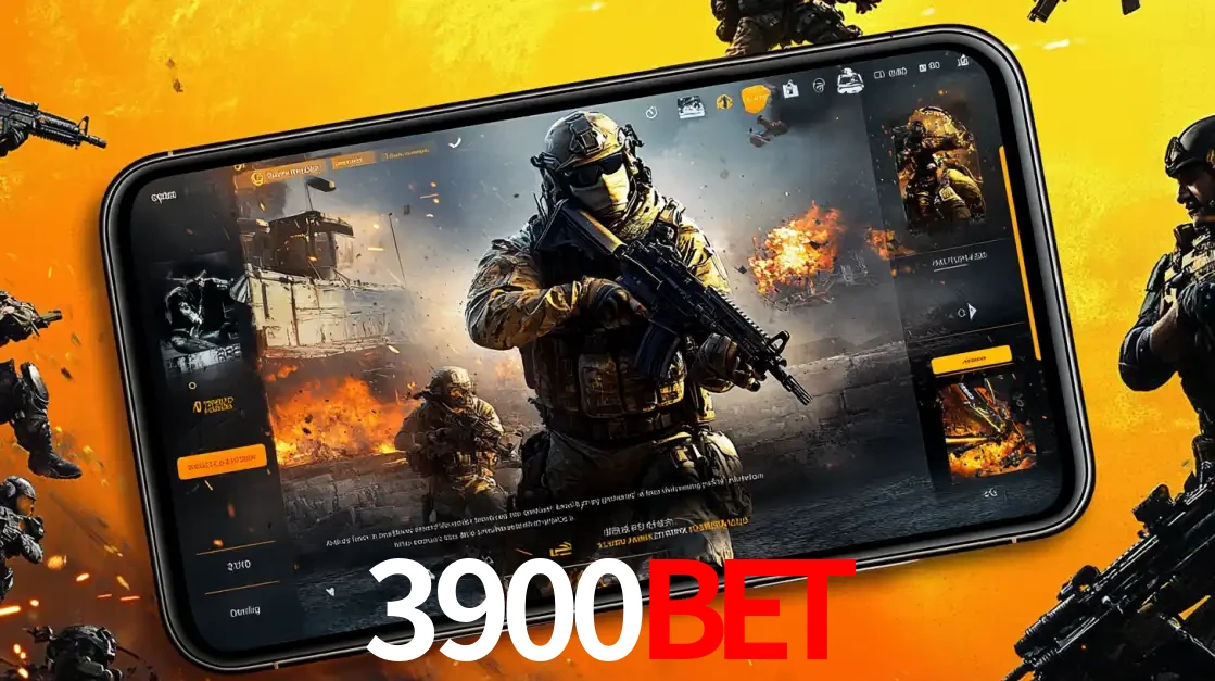 Um smartphone exibindo a interface de um jogo de tiro em primeira pessoa, com um soldado em um cenário de batalha, representando a ação dos e-sports para apostar no 3900BET.