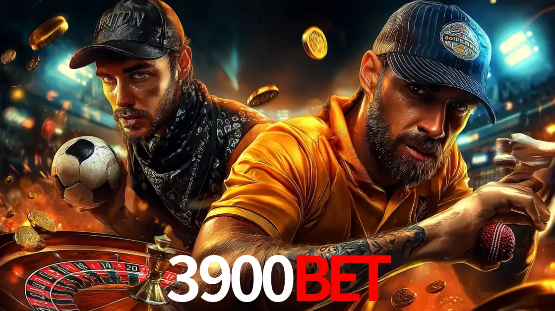 Montagem de apostas esportivas e cassino no 3900BET, com um homem segurando uma bola de futebol e outro uma de beisebol sobre uma roleta e moedas voadoras.