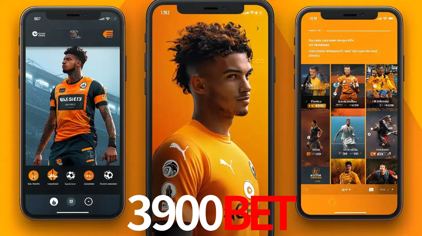 Interface do aplicativo de apostas esportivas 3900BET em três telas de celular, mostrando o perfil de um jogador de futebol e a lista de jogos disponíveis para apostar.