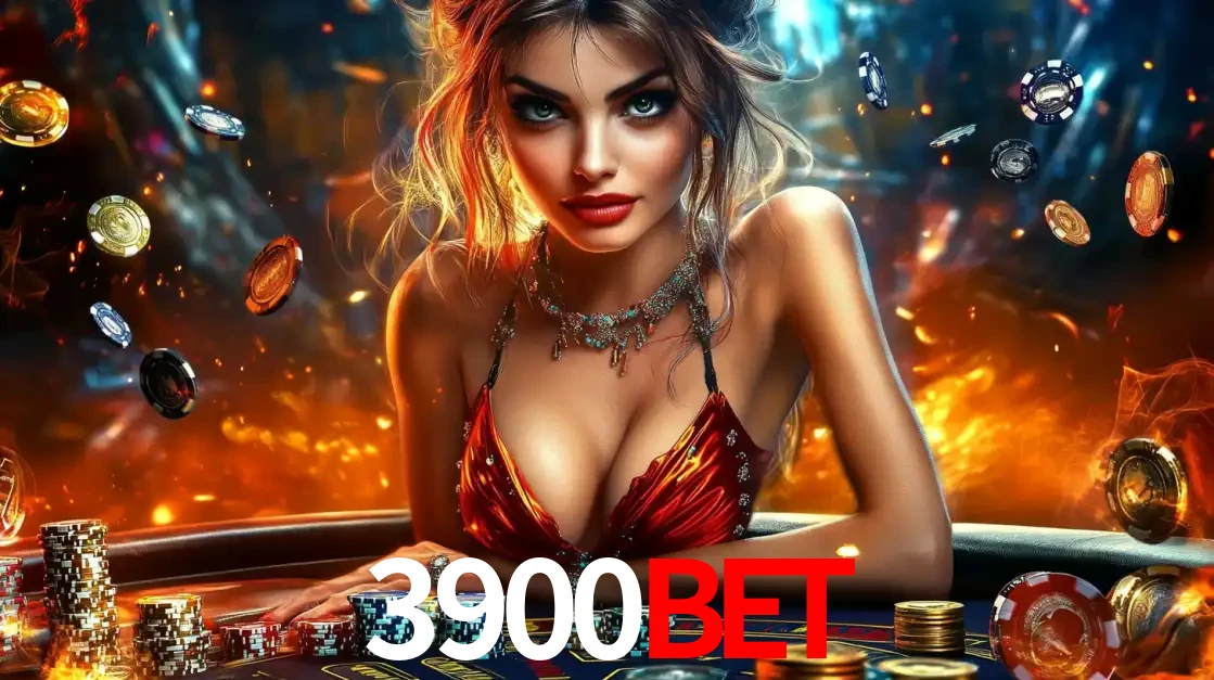 Mulher em uma mesa de cassino com pilhas de fichas e um fundo de fogo, pronta para uma rodada de altas apostas nos jogos de mesa emocionantes do cassino 3900BET.