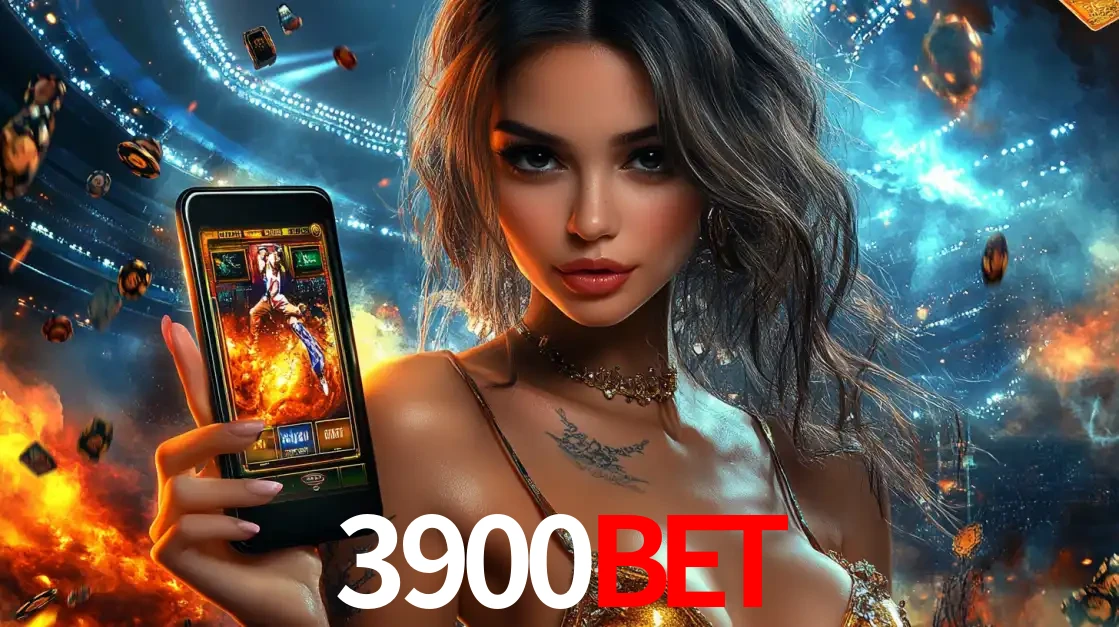 Mulher segurando um celular com um jogo de slot em destaque, tendo como fundo um estádio vibrante, simbolizando a emoção de jogar no cassino móvel 3900BET.