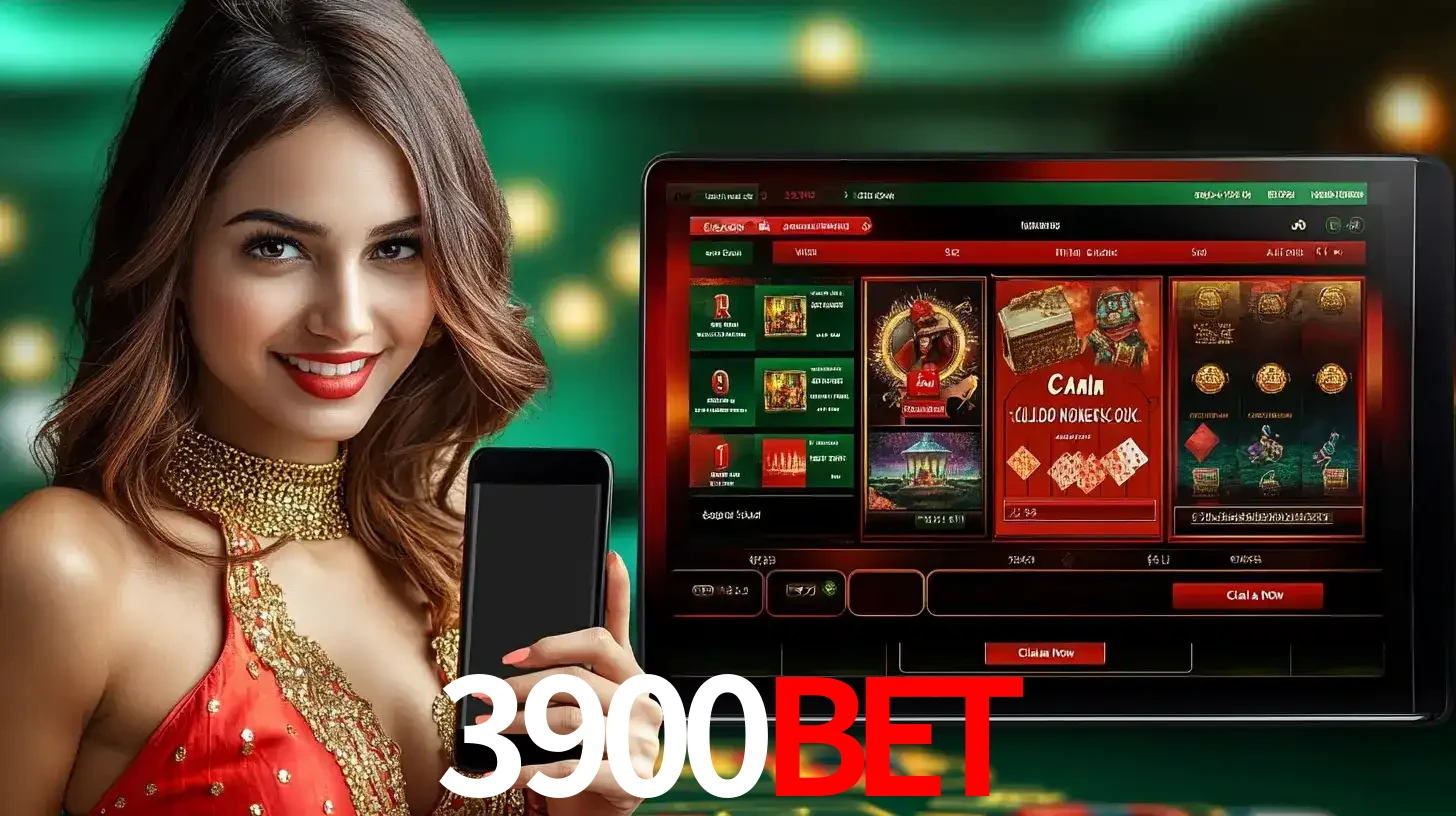 Mulher sorridente segurando um smartphone, ao lado de uma tela exibindo o lobby de jogos do cassino online 3900BET, com várias opções de jogos de cartas e slots.